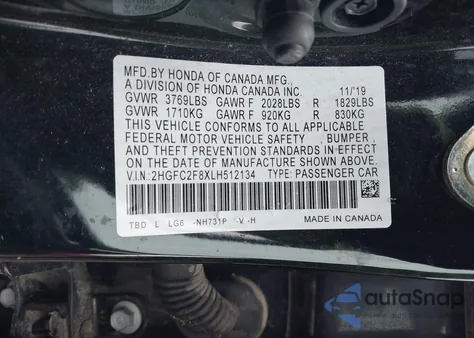 2020 Honda Civic Sport z USA, uszkodzony, nr VIN 2HGFC2F8XLH512134